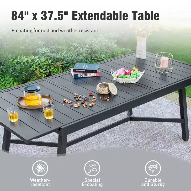 Mesa rectangular de acero negro para comedor de patio con 9 piezas de Captiva Designs y sillas fijas de textilene marrón