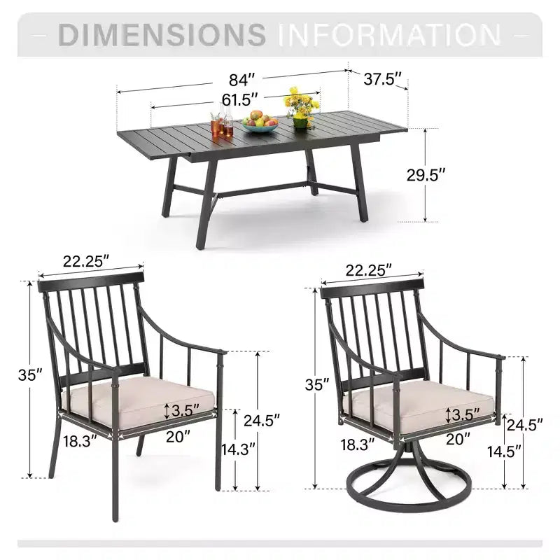Captiva Designs matgrupp för uteplatsen, 9 delar, med justerbart rektangulärt stålbord med ribbad skiva samt eleganta karmstolar med dynor