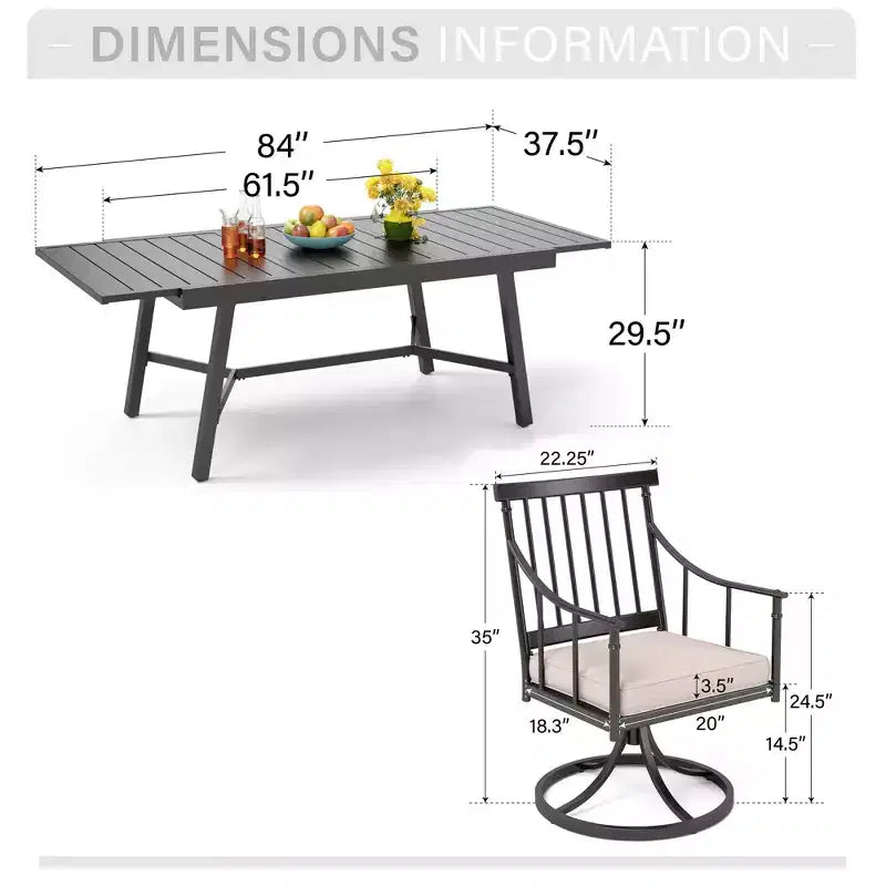 Captiva Designs matgrupp för uteplatsen, 9 delar, med justerbart rektangulärt stålbord med ribbad skiva samt eleganta karmstolar med dynor