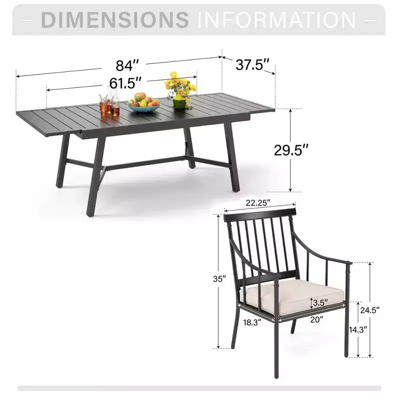 Captiva Designs matgrupp för uteplatsen, 9 delar, med justerbart rektangulärt stålbord med ribbad skiva samt eleganta karmstolar med dynor