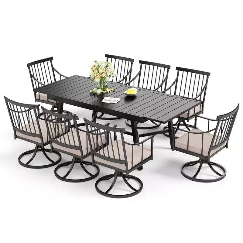 Captiva Designs matgrupp för uteplatsen, 9 delar, med justerbart rektangulärt stålbord med ribbad skiva samt eleganta karmstolar med dynor