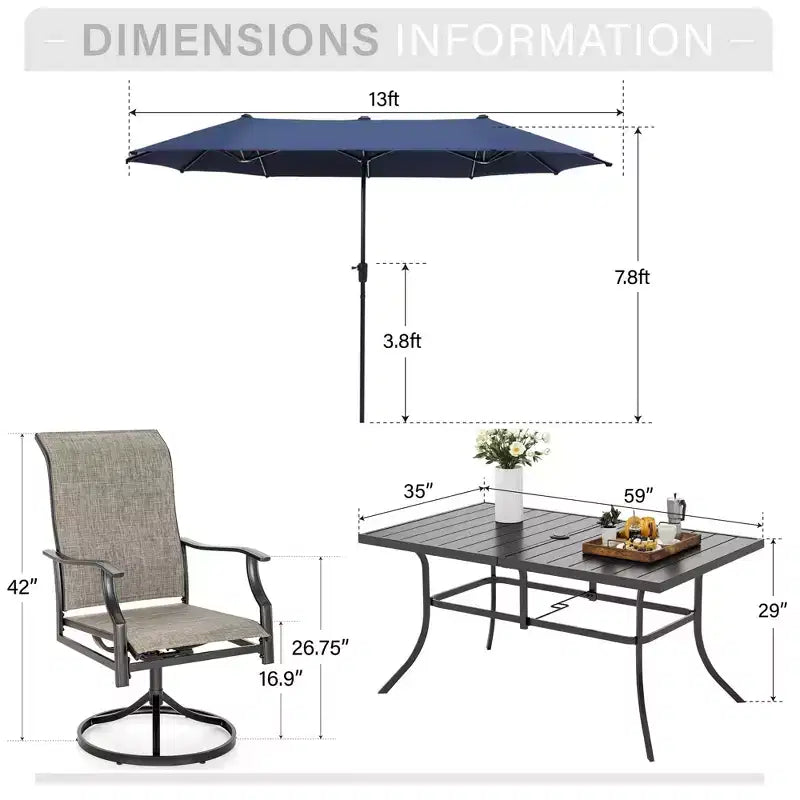 Conjunto de comedor para patio Captiva Desighttps de 8 piezas, con mesa rectangular de acero con tablero de listones, sillas giratorias con asiento y respaldo acolchados y sombrilla de mercado