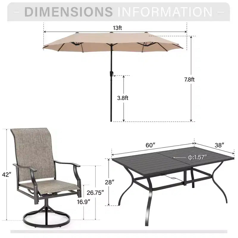 Conjunto de comedor para patio Captiva Desighttps de 8 piezas, con mesa rectangular de acero con tablero de listones, sillas giratorias con asiento y respaldo acolchados y sombrilla de mercado