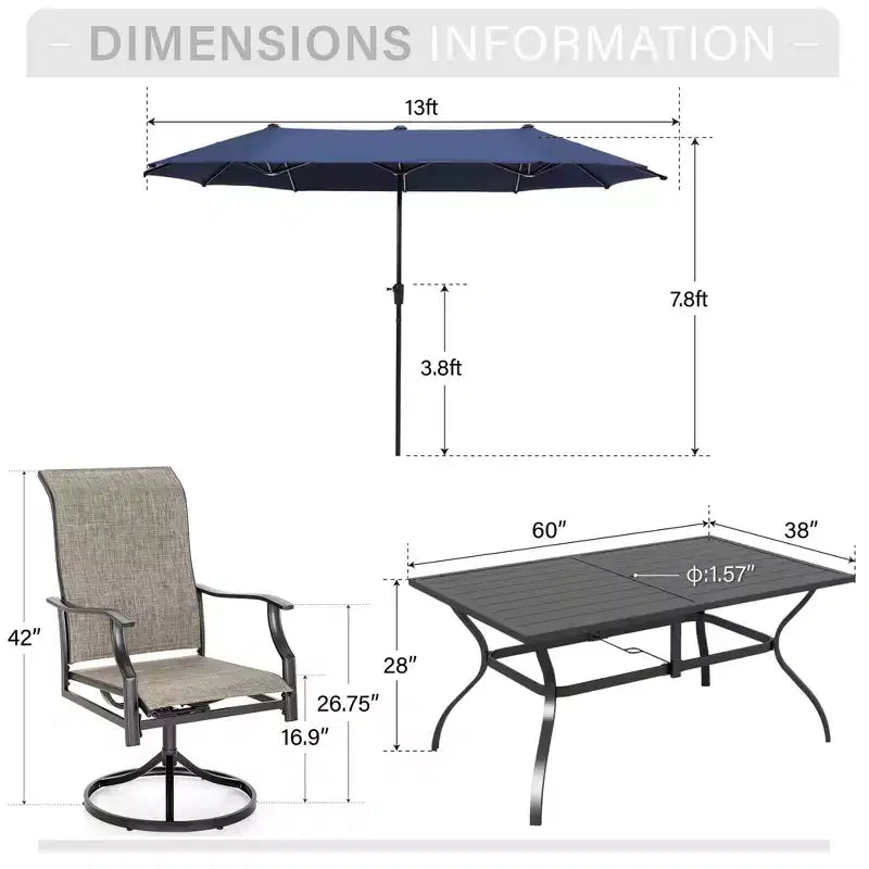 Conjunto de comedor para patio Captiva Desighttps de 8 piezas, con mesa rectangular de acero con tablero de listones, sillas giratorias con asiento y respaldo acolchados y sombrilla de mercado