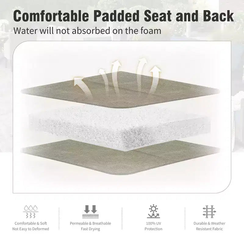 Conjunto de comedor para patio Captiva Desighttps de 8 piezas, con mesa rectangular de acero con tablero de listones, sillas giratorias con asiento y respaldo acolchados y sombrilla de mercado