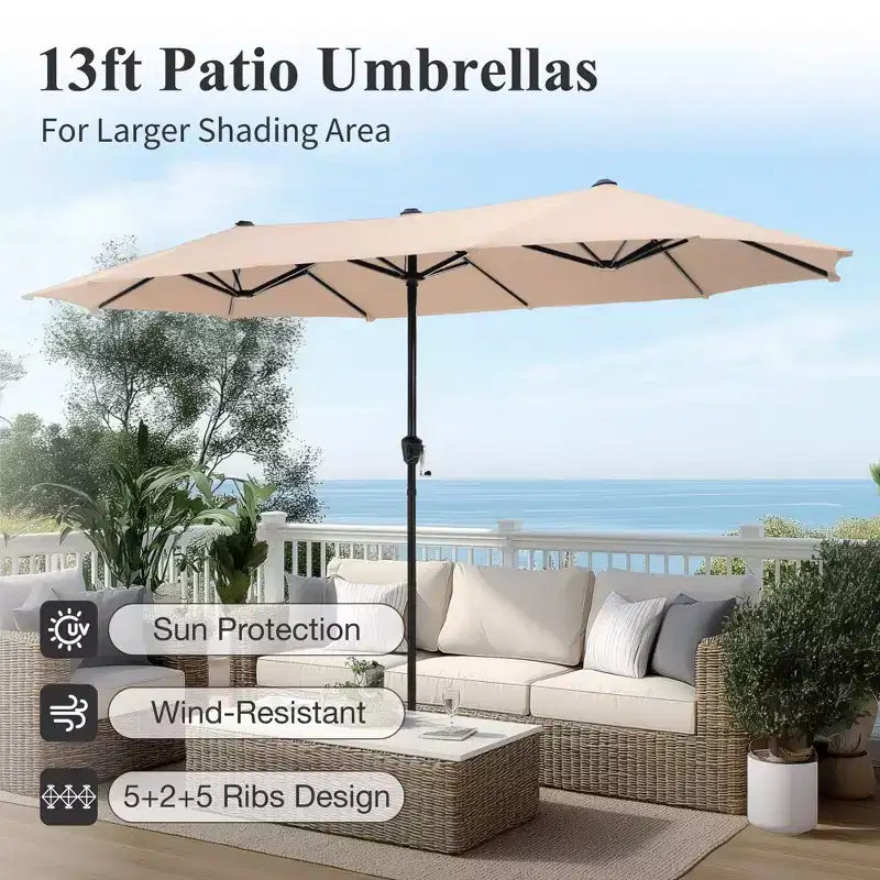 Conjunto de comedor para patio Captiva Desighttps de 8 piezas, con mesa rectangular de acero con tablero de listones, sillas giratorias con asiento y respaldo acolchados y sombrilla de mercado