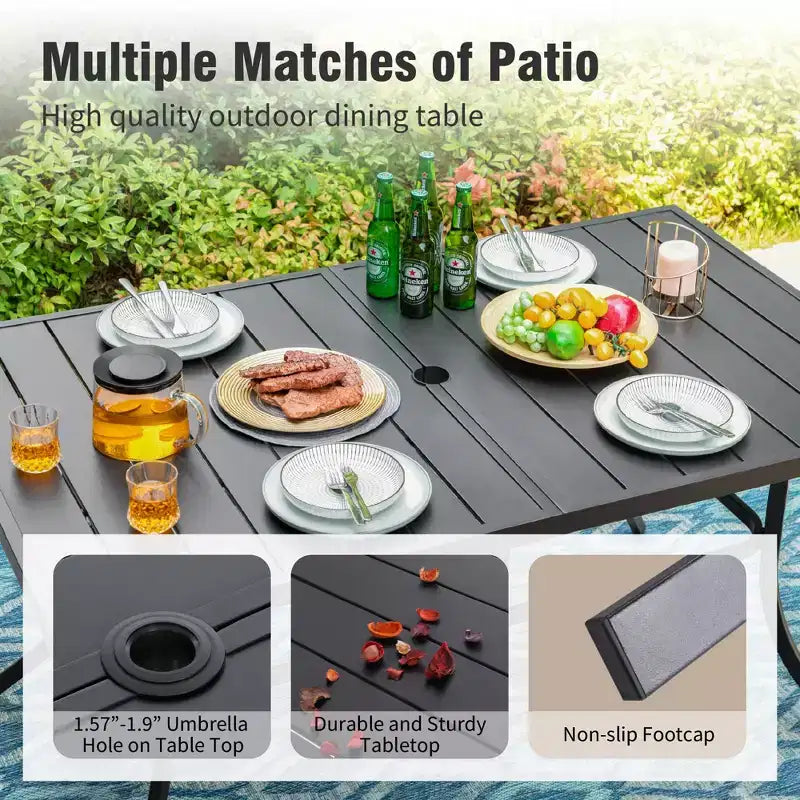 Conjunto de comedor para patio Captiva Desighttps de 8 piezas, con mesa rectangular de acero con tablero de listones, sillas giratorias con asiento y respaldo acolchados y sombrilla de mercado