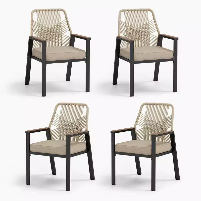 Captiva Designs 7-teiliges Patio-Ess-Set mit rechteckigem Stahltisch mit Lamellenplatte und beigefarbenen Rattanstühlen mit Sitzkissen