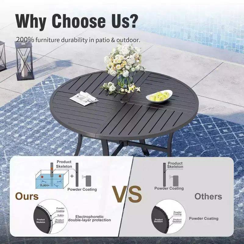 Captiva Designs 7-teiliges Patio-Ess-Set mit rechteckigem Stahltisch mit Lamellenplatte und beigefarbenen Rattanstühlen mit Sitzkissen