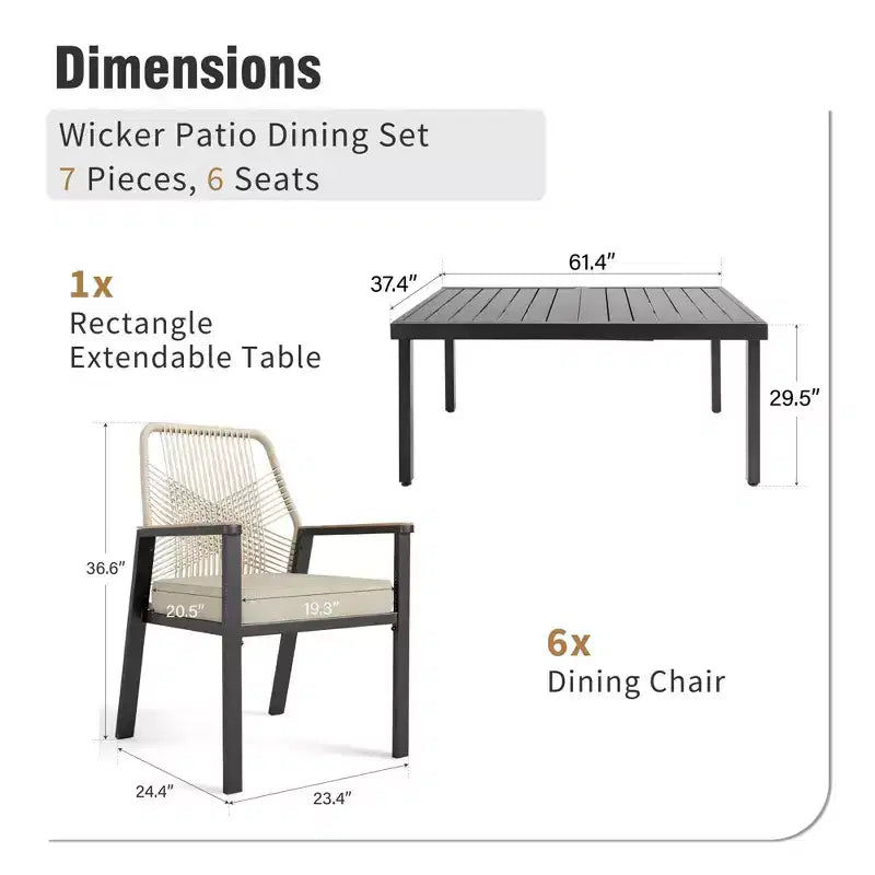 Captiva Designs 7-teiliges Patio-Ess-Set mit rechteckigem Stahltisch mit Lamellenplatte und beigefarbenen Rattanstühlen mit Sitzkissen