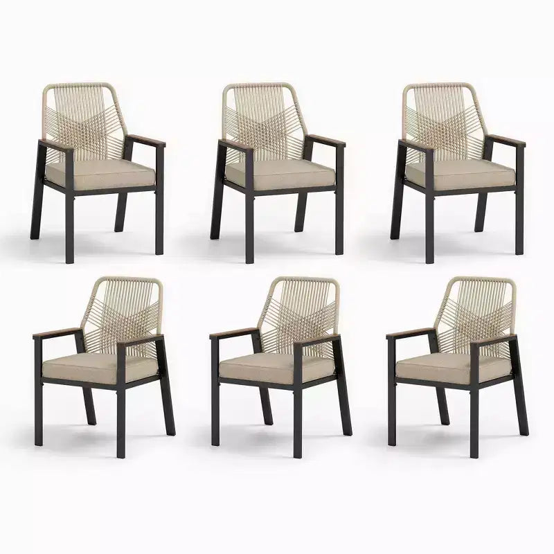 Captiva Designs 7-teiliges Patio-Ess-Set mit rechteckigem Stahltisch mit Lamellenplatte und beigefarbenen Rattanstühlen mit Sitzkissen