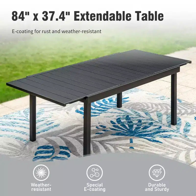 Juego de comedor de patio de 9 piezas de Captiva Designs con mesa rectangular ajustable de acero con tablero de listones y silla plegable tipo sling