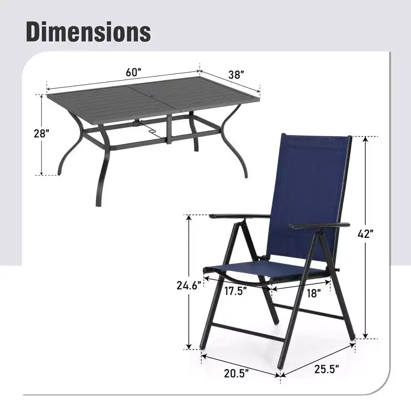 Conjunto de comedor para patio Captiva Designs de 7 piezas, con mesa rectangular con tablero de listones y silla plegable con asiento y respaldo de tela