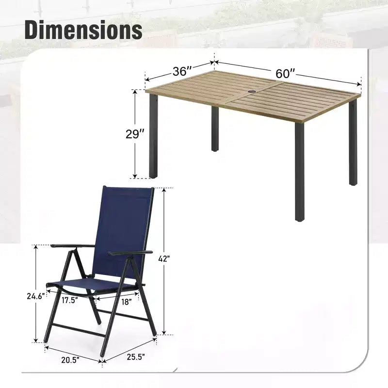 Conjunto de comedor para patio Captiva Designs de 7 piezas, con mesa rectangular con tablero de listones y silla plegable con asiento y respaldo de tela