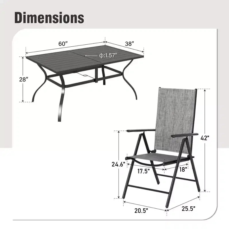 Conjunto de comedor para patio Captiva Designs de 7 piezas, con mesa rectangular con tablero de listones y silla plegable con asiento y respaldo de tela