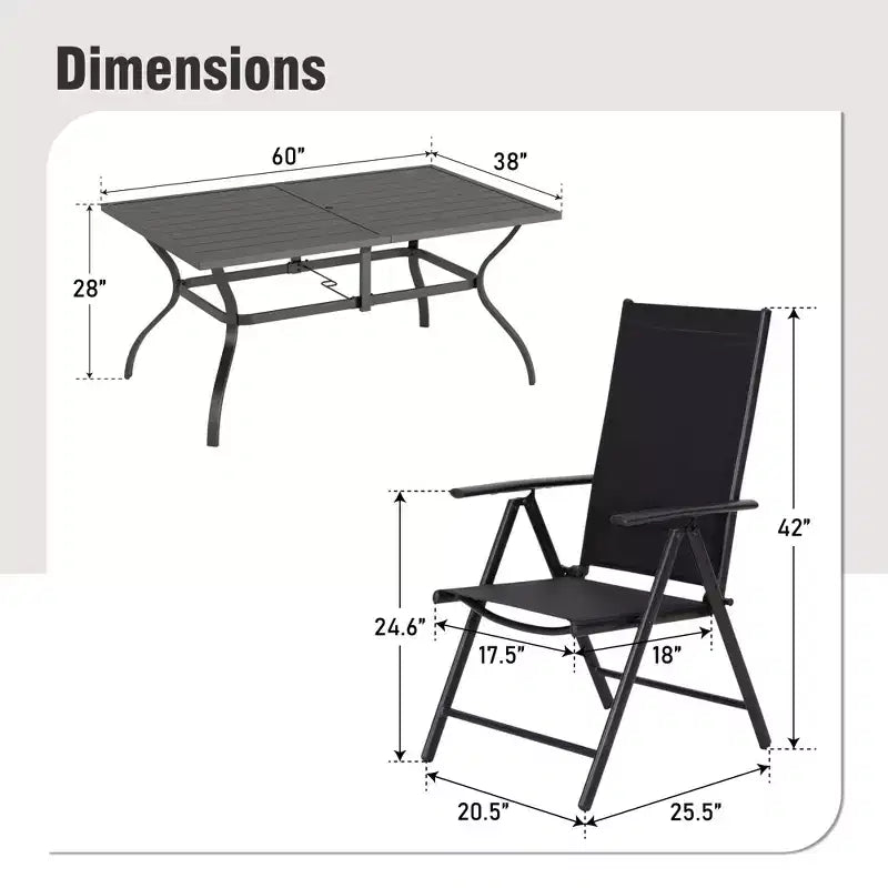 Conjunto de comedor para patio Captiva Designs de 7 piezas, con mesa rectangular con tablero de listones y silla plegable con asiento y respaldo de tela