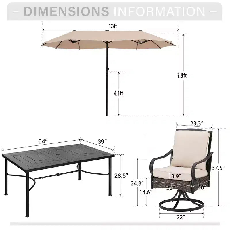 Captiva Designs 8-teiliges rechteckiges Outdoor-Patio-Ess-Set mit Stahltisch, drehbaren Rattanstühlen und beigem Sonnenschirm