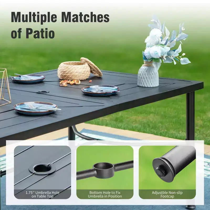 Captiva Designs 8-teiliges rechteckiges Outdoor-Patio-Ess-Set mit Stahltisch, drehbaren Rattanstühlen und beigem Sonnenschirm