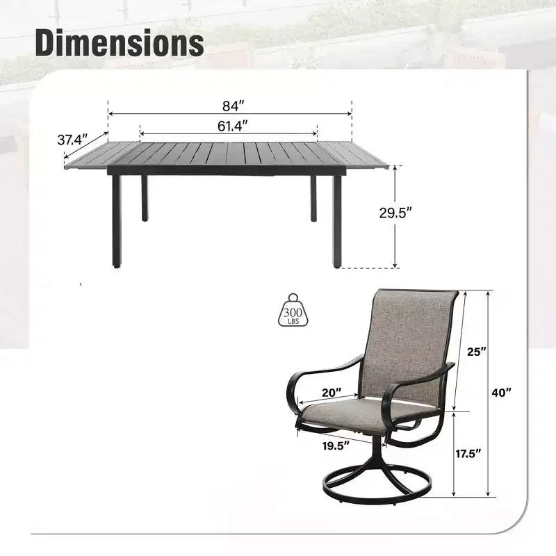 Captiva Designs 7-teiliges Outdoor-Terrassen-Esszimmer-Set mit rechteckigem Stahltisch mit Lamellenplatte & graubraunen drehbaren Sling-Stühlen