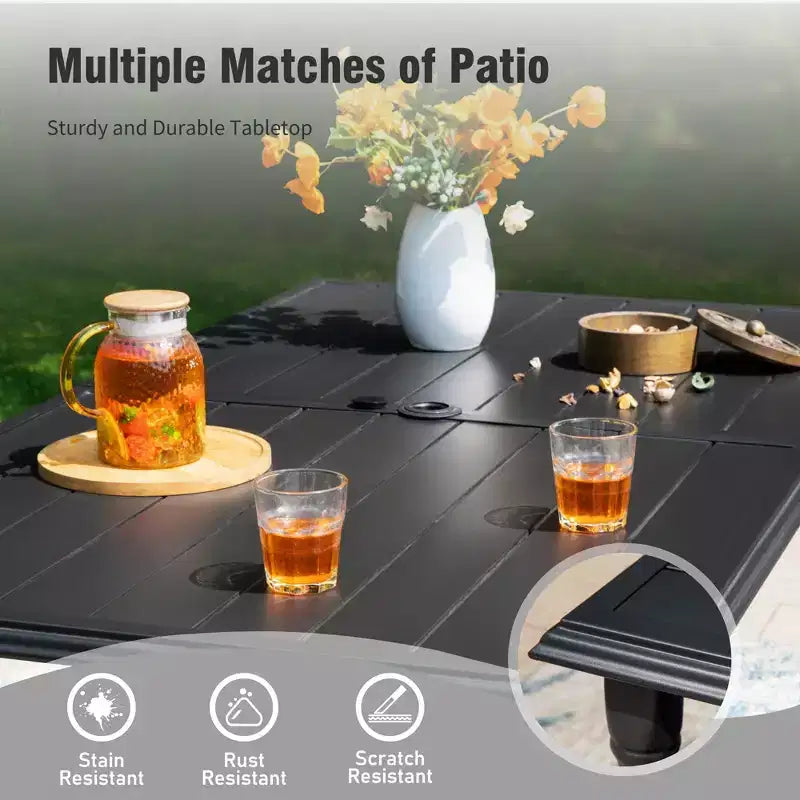 Captiva Designs 7-teiliges Outdoor-Terrassen-Esszimmer-Set mit rechteckigem Stahltisch mit Lamellenplatte & graubraunen drehbaren Sling-Stühlen