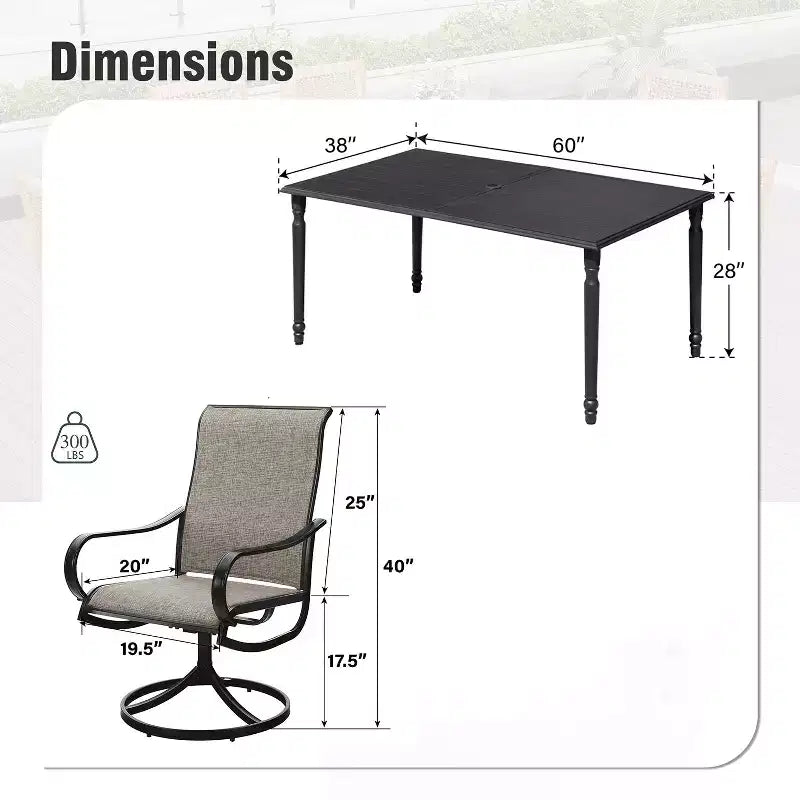 Captiva Designs 7-teiliges Outdoor-Terrassen-Esszimmer-Set mit rechteckigem Stahltisch mit Lamellenplatte & graubraunen drehbaren Sling-Stühlen