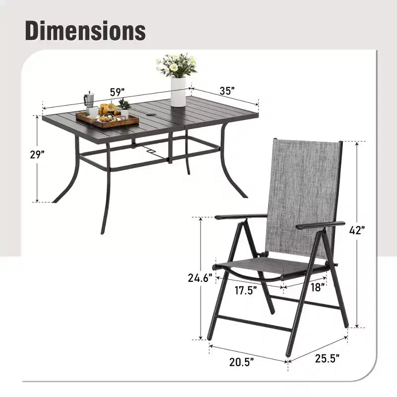 Captiva Designs 7-częściowy zestaw ogrodowy do jadalni z prostokątnym stalowym stołem i wstępnie zmontowanymi rozkładanymi krzesłami Textilene z funkcją odchylania