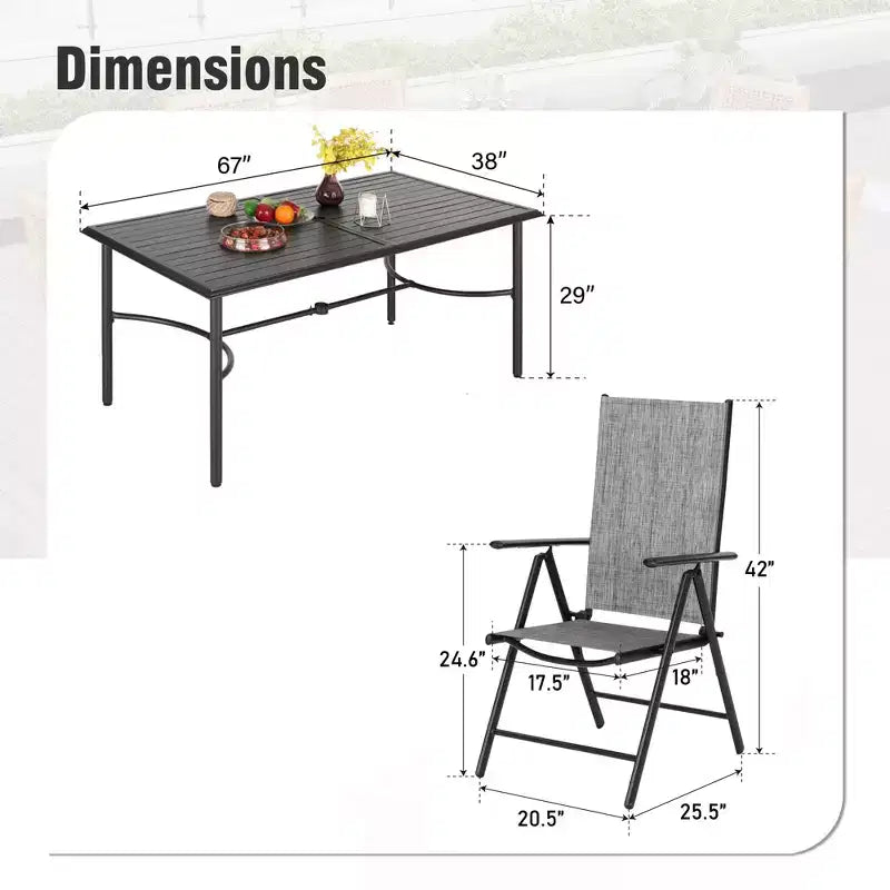 Captiva Designs 7-częściowy zestaw ogrodowy do jadalni z prostokątnym stalowym stołem i wstępnie zmontowanymi rozkładanymi krzesłami Textilene z funkcją odchylania