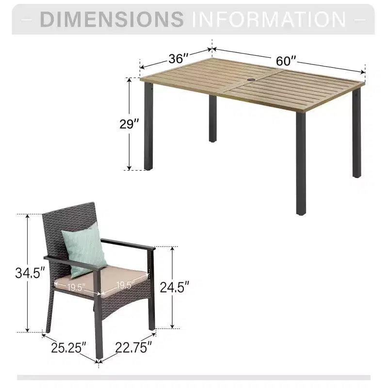 Mesa de comedor de acero con superficie de listones para patio, de 7 piezas, de Captiva Designs, con orificio para sombrilla y sillas de ratán con reposabrazos acolchados