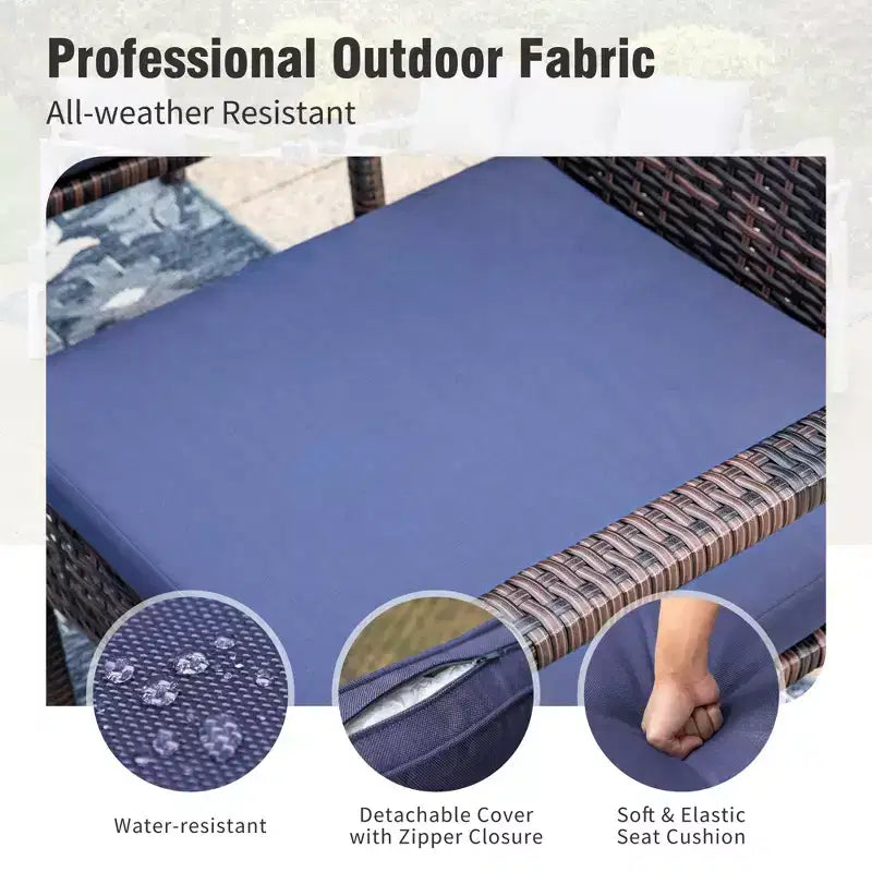 Mesa de comedor de acero con superficie de listones para patio, de 7 piezas, de Captiva Designs, con orificio para sombrilla y sillas de ratán con reposabrazos acolchados