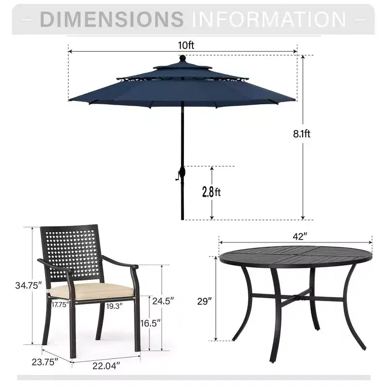 Ensemble de repas extérieur Captiva Designs 6 pièces avec table ronde en métal à plateau à lattes, chaises en métal rembourrées et parasol de marché