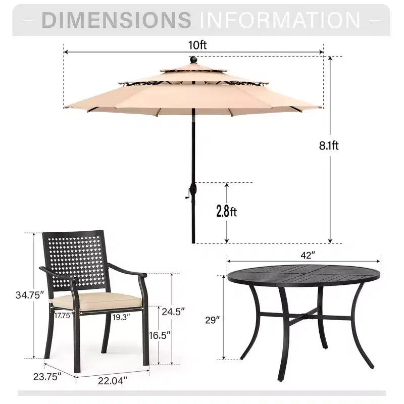Ensemble de repas extérieur Captiva Designs 6 pièces avec table ronde en métal à plateau à lattes, chaises en métal rembourrées et parasol de marché