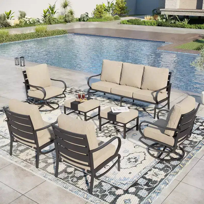 Captiva Designs 7pc Metal Patio Furniture Conversation Set with Swivel Chairs for Garden Porch Backyard