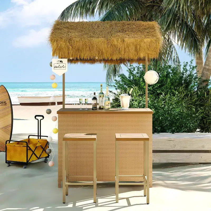 3-teiliges Terrassenbar-Set, Outdoor-Bartisch in Stehhöhe und Hocker mit Baldachin, verstellbaren Füßen und Tischplatte aus Holz zum Essen und Trinken, Natur -ModernLuxe