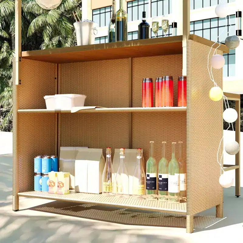 3-teiliges Terrassenbar-Set, Outdoor-Bartisch in Stehhöhe und Hocker mit Baldachin, verstellbaren Füßen und Tischplatte aus Holz zum Essen und Trinken, Natur -ModernLuxe