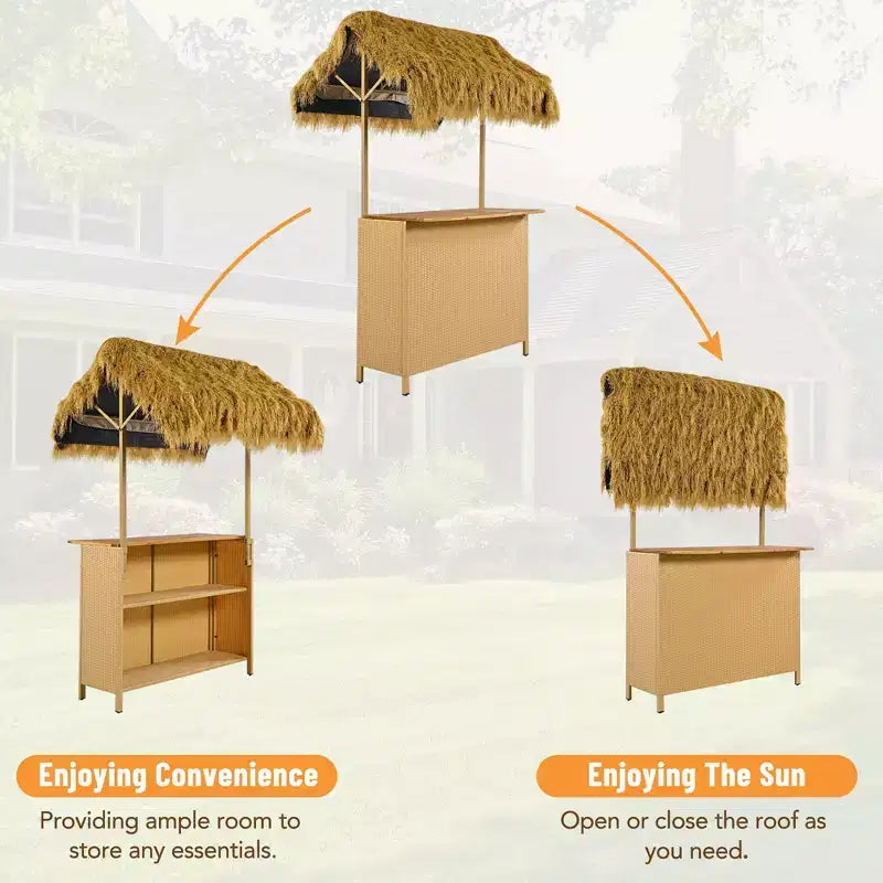 3-teiliges Terrassenbar-Set, Outdoor-Bartisch in Stehhöhe und Hocker mit Baldachin, verstellbaren Füßen und Tischplatte aus Holz zum Essen und Trinken, Natur -ModernLuxe