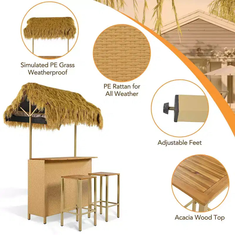 3-teiliges Terrassenbar-Set, Outdoor-Bartisch in Stehhöhe und Hocker mit Baldachin, verstellbaren Füßen und Tischplatte aus Holz zum Essen und Trinken, Natur -ModernLuxe
