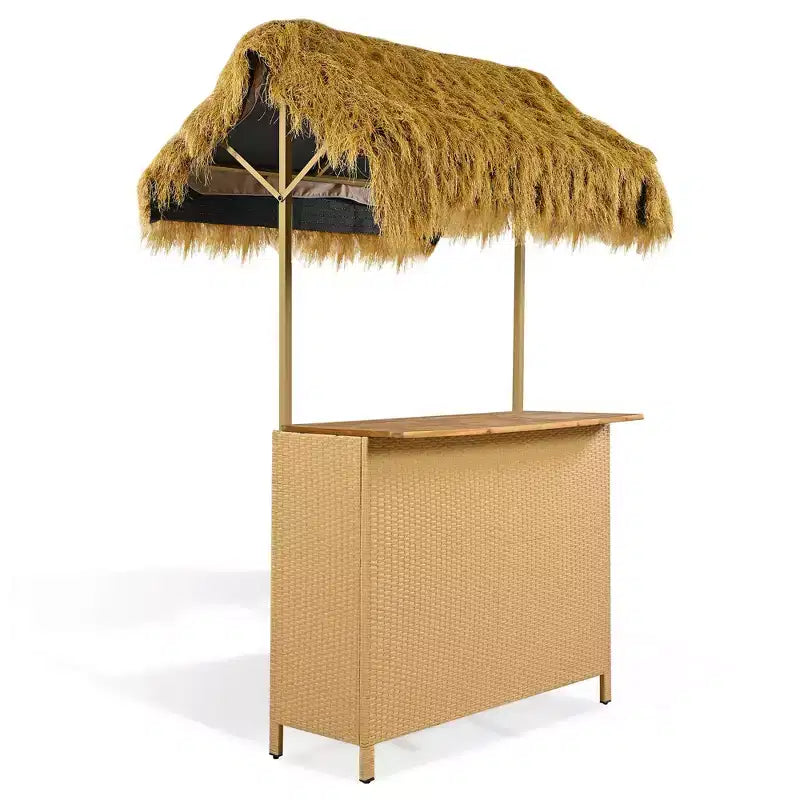 3-teiliges Terrassenbar-Set, Outdoor-Bartisch in Stehhöhe und Hocker mit Baldachin, verstellbaren Füßen und Tischplatte aus Holz zum Essen und Trinken, Natur -ModernLuxe