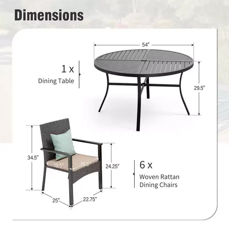 Set da pranzo da patio da esterno Captiva Designs da 7 pezzi, tavolo da pranzo in acciaio nero con foro per ombrellone e sedie in rattan con braccioli imbottiti