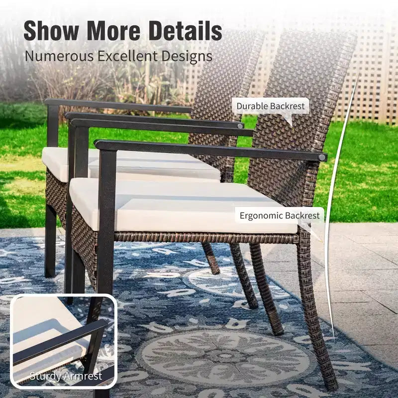 Set da pranzo da patio da esterno Captiva Designs da 7 pezzi, tavolo da pranzo in acciaio nero con foro per ombrellone e sedie in rattan con braccioli imbottiti