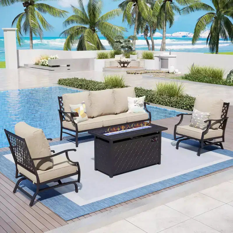 Captiva Designs 4pc Metal Patio Outdoor Conversation Fire Pit Set with Rocking Grid-back Armchairs for Garden, Poolside, Backyard