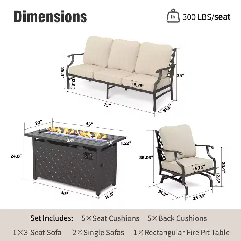 Captiva Designs - 4-elementowy metalowy zestaw ogrodowy z paleniskiem i bujanymi fotelami z oparciami z metalowej kratki, do ogrodu, przy basenie i na podwórko