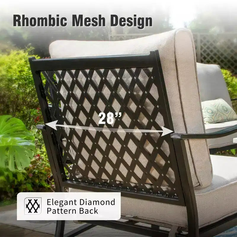 Captiva Designs - 4-elementowy metalowy zestaw ogrodowy z paleniskiem i bujanymi fotelami z oparciami z metalowej kratki, do ogrodu, przy basenie i na podwórko