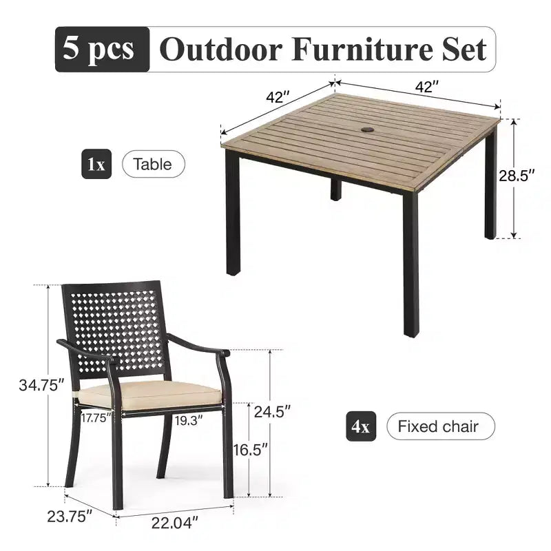 Captiva Designs 5-teiliges Terrassen-Essset aus Stahl mit quadratischem Tisch in Holzoptik und Metallstühlen mit Polstern