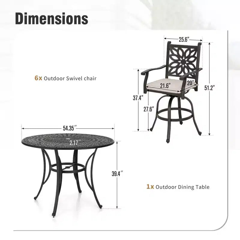 Captiva Designs 7-delige hoge terras-eetset van gegoten aluminium met ronde tafel en draaibare krukken