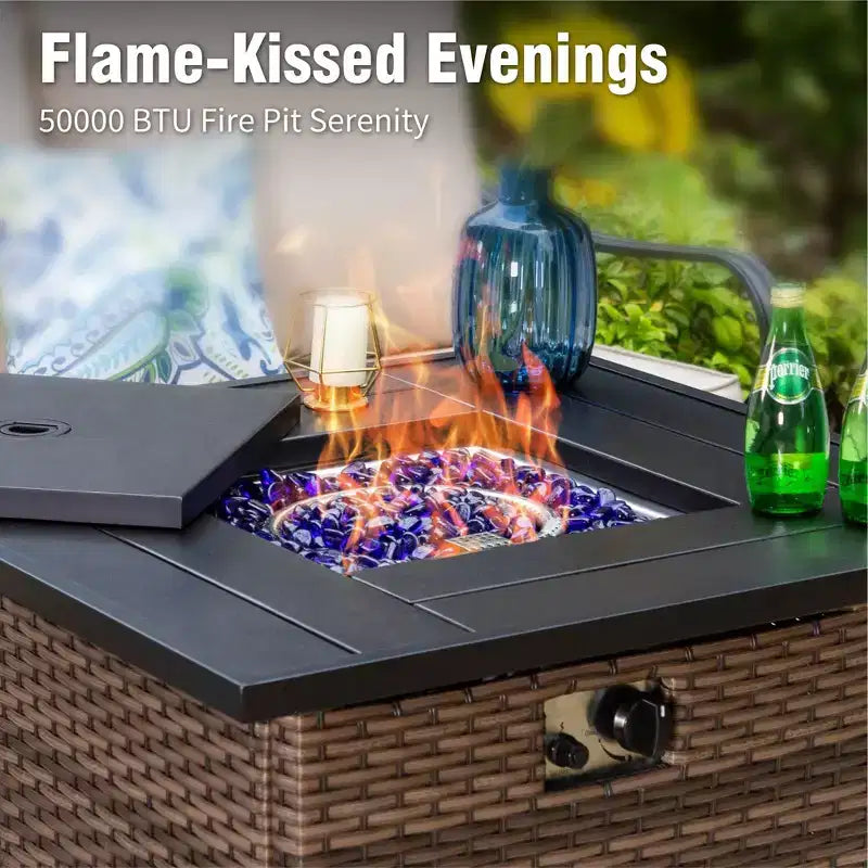 Captiva Designs 6pc Extra Large Metal and Rattan Outdoor Patio Fire Pit Set with Armchairs and Ottomans