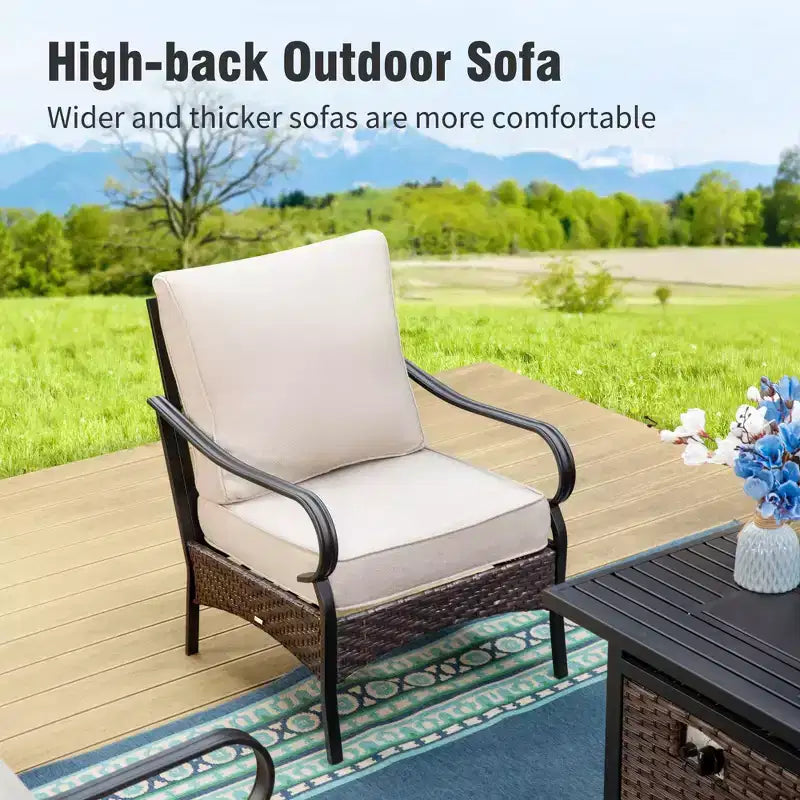 Captiva Designs 6pc Extra Large Metal and Rattan Outdoor Patio Fire Pit Set with Armchairs and Ottomans