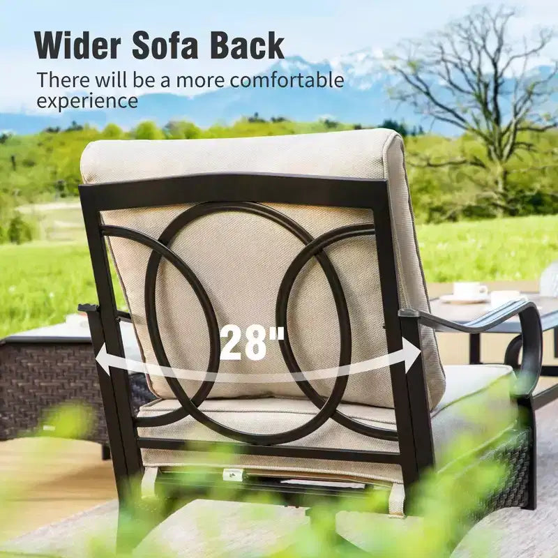 Captiva Designs 6pc Extra Large Metal and Rattan Outdoor Patio Fire Pit Set with Armchairs and Ottomans