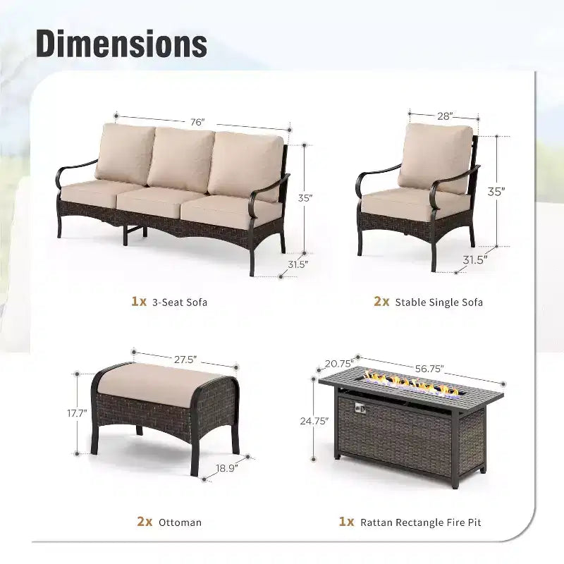 Captiva Designs extra grote 6-delige vuurkorfset voor buiten van metaal en rattan, met losse fauteuils en hockers