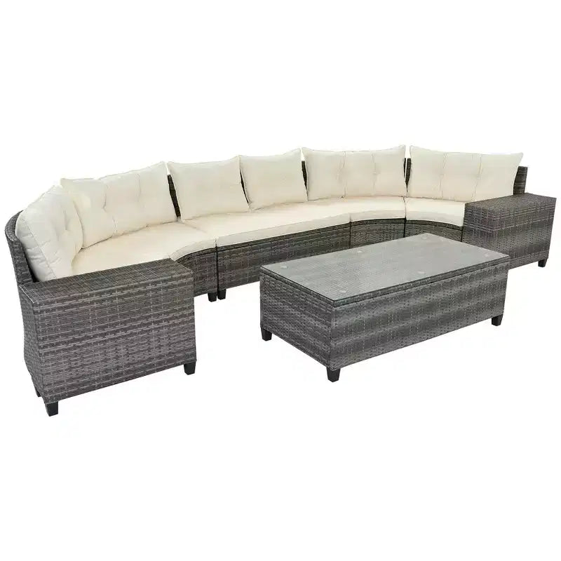 Whisen 8-Piece Wicker Patio Sectional Sofa Set, Outdoor Curved Half-Moon Sectional Couch Sets with Rectangular Coffee Table