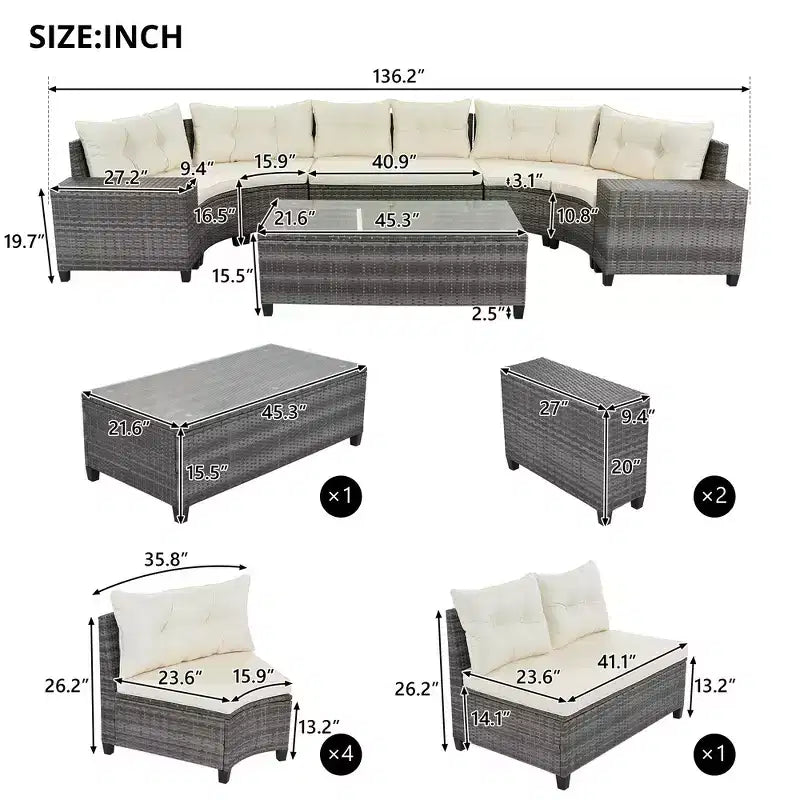 Whisen 8-Piece Wicker Patio Sectional Sofa Set, Outdoor Curved Half-Moon Sectional Couch Sets with Rectangular Coffee Table